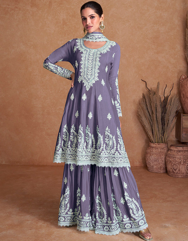 trendy light purple real silk designer party wear readymade heavy salwar suit collection with light purple real silk rt8889-184665 Front View