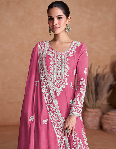 elegant pink real silk designer party wear readymade heavy salwar suit collection with pink real silk rt8889-184666 Close-up View