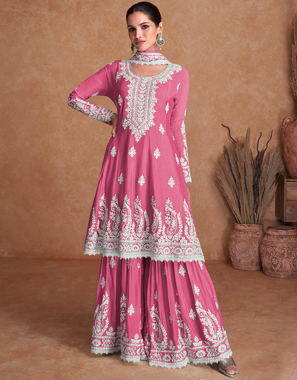 elegant pink real silk designer party wear readymade heavy salwar suit collection with pink real silk rt8889-184666 Front View