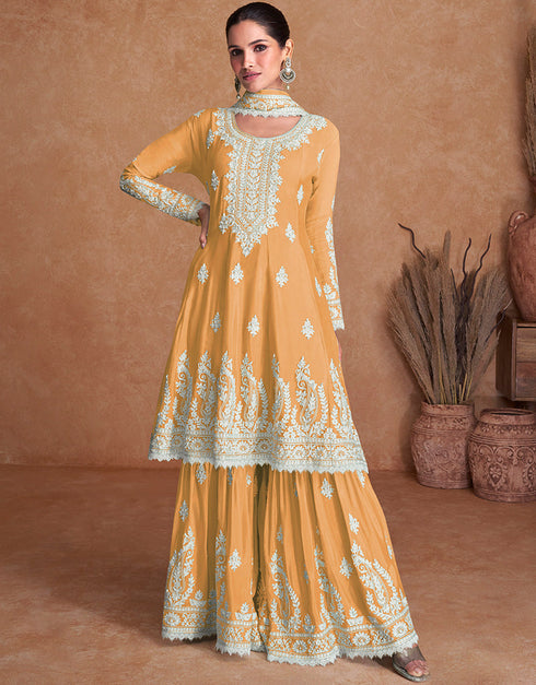 fashionable mustard real silk designer party wear readymade heavy salwar suit collection with mustard real silk rt8889-184667 Front View