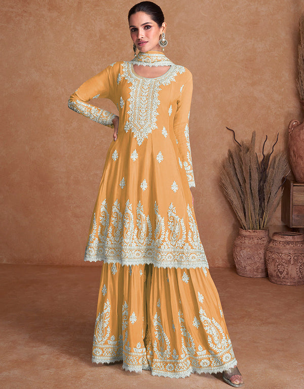 fashionable mustard real silk designer party wear readymade heavy salwar suit collection with mustard real silk rt8889-184667 Front View