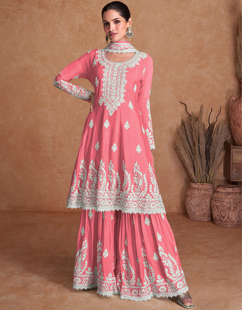 sleek pink real silk designer party wear readymade heavy salwar suit collection with pink real silk rt8889-184668 Front View