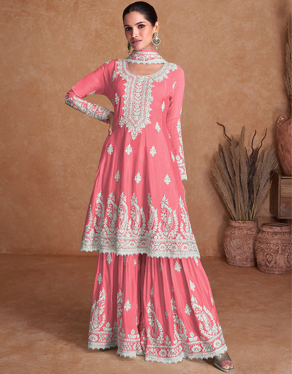 sleek pink real silk designer party wear readymade heavy salwar suit collection with pink real silk rt8889-184668 Front View