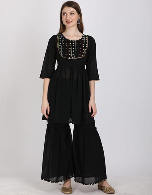 classy black georgette designer party wear readymade sharara suit with black georgette rt8890-184669 Front View