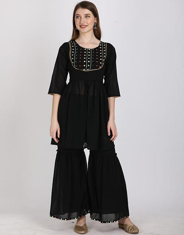 classy black georgette designer party wear readymade sharara suit with black georgette rt8890-184669 Front View