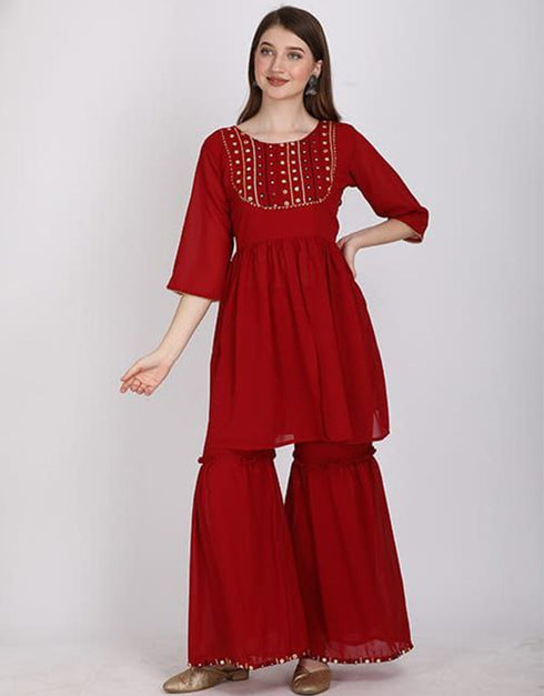 stylish red georgette designer party wear readymade sharara suit with red georgette rt8890-184670 Front View