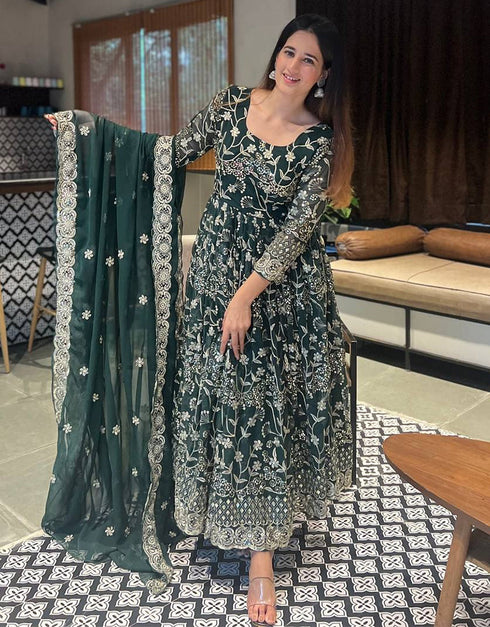 fashionable green faux georgette designer party wear heavy readymade anarakali suit with green silk rt8892-184674 Close-up View