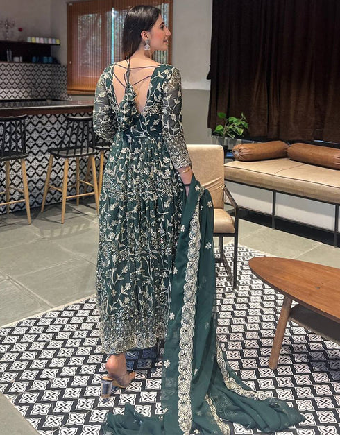 fashionable green faux georgette designer party wear heavy readymade anarakali suit with green silk rt8892-184674 Back View