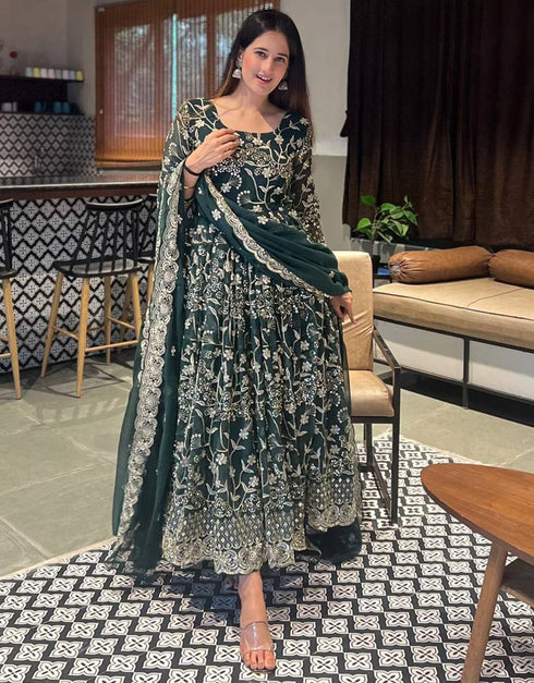 fashionable green faux georgette designer party wear heavy readymade anarakali suit with green silk rt8892-184674 Front View