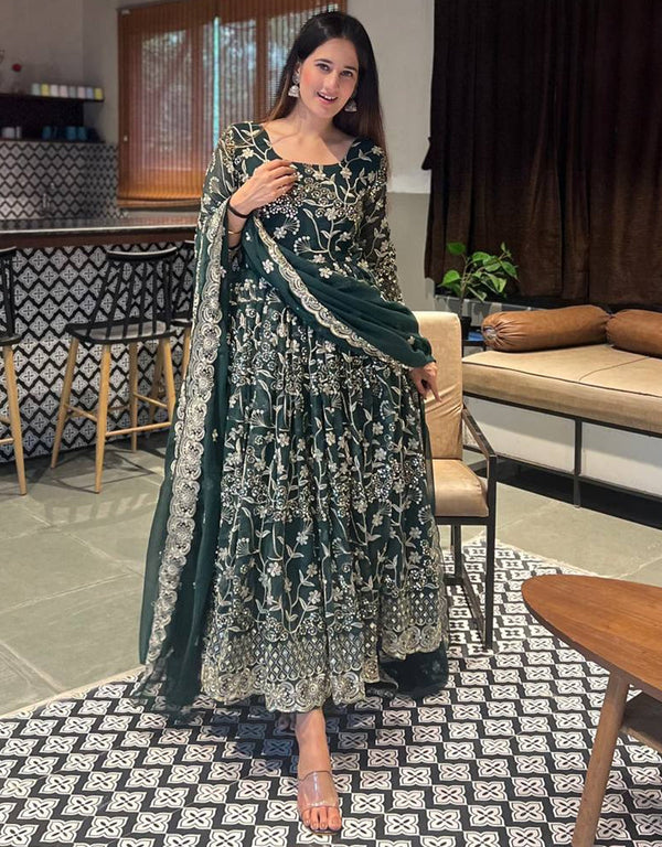 fashionable green faux georgette designer party wear heavy readymade anarakali suit with green silk rt8892-184674 Front View