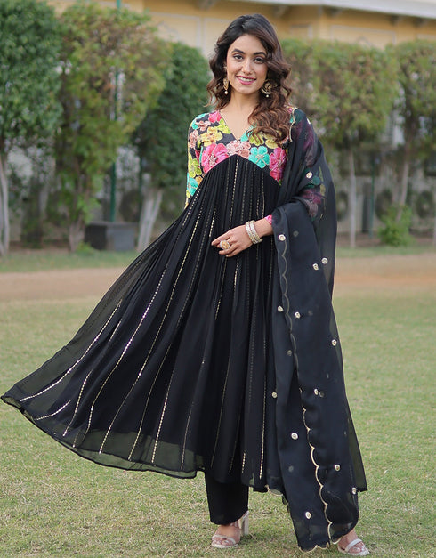 sleek black viscose & faux blooming georgette designer function wear alia cut readymade suit collection with black heavy art silk rt8900-184708 Close-up View