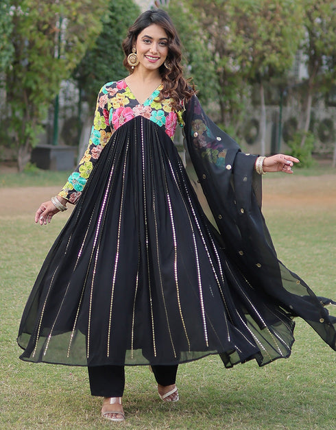 sleek black viscose & faux blooming georgette designer function wear alia cut readymade suit collection with black heavy art silk rt8900-184708 Back View