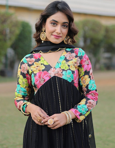 sleek black viscose & faux blooming georgette designer function wear alia cut readymade suit collection with black heavy art silk rt8900-184708 Side View