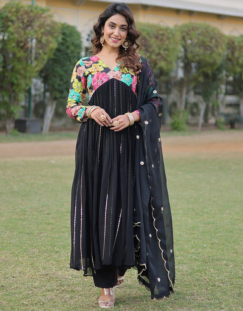sleek black viscose & faux blooming georgette designer function wear alia cut readymade suit collection with black heavy art silk rt8900-184708 Front View