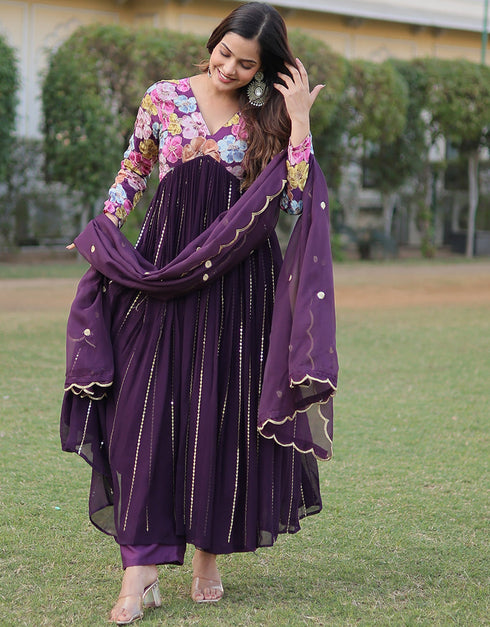 modern wine viscose & faux blooming georgette designer function wear alia cut readymade suit collection with wine heavy art silk rt8900-184709 Close-up View