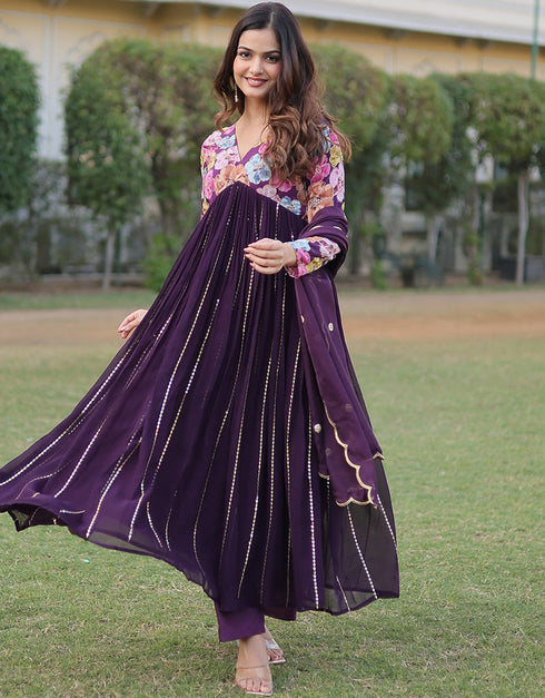 modern wine viscose & faux blooming georgette designer function wear alia cut readymade suit collection with wine heavy art silk rt8900-184709 Back View
