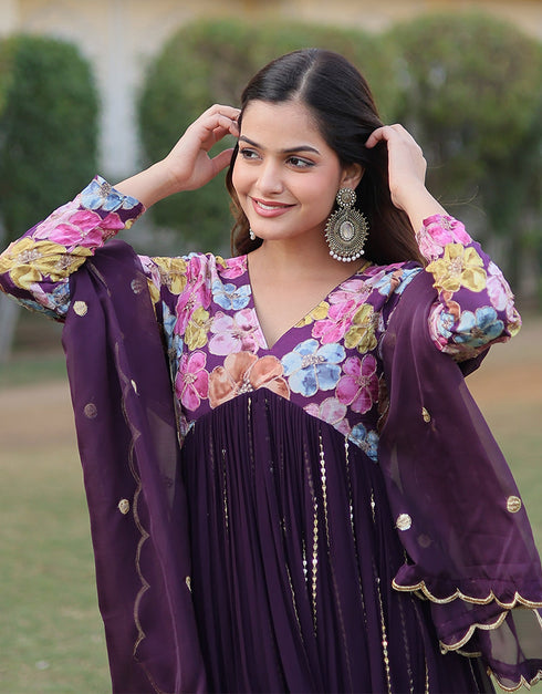 modern wine viscose & faux blooming georgette designer function wear alia cut readymade suit collection with wine heavy art silk rt8900-184709 Side View