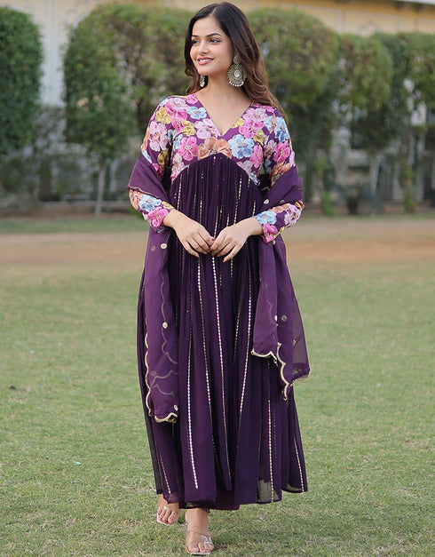 modern wine viscose & faux blooming georgette designer function wear alia cut readymade suit collection with wine heavy art silk rt8900-184709 Front View