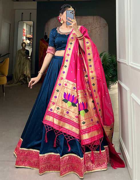 modern navy blue vichitra silk traditional wear women's heavy lehenga choli collection with navy blue vichitra silk rt8901-184710 Close-up View