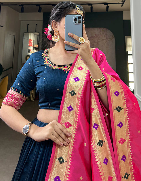 modern navy blue vichitra silk traditional wear women's heavy lehenga choli collection with navy blue vichitra silk rt8901-184710 Front View