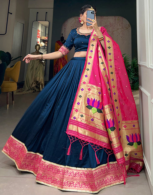 modern navy blue vichitra silk traditional wear women's heavy lehenga choli collection with navy blue vichitra silk rt8901-184710 Front View