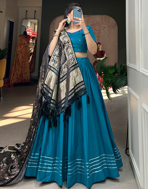 glamorous teal pure cotton traditional wear women's heavy lehenga choli collection with teal pure cotton rt8902-184712 Back View