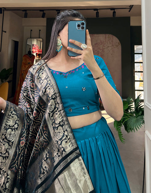glamorous teal pure cotton traditional wear women's heavy lehenga choli collection with teal pure cotton rt8902-184712 Front View