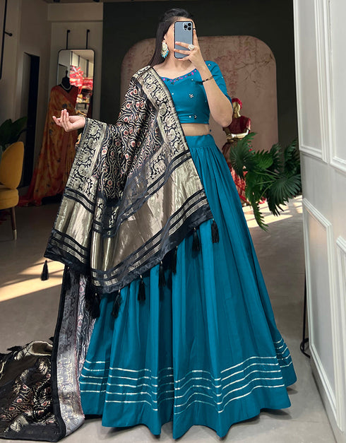 glamorous teal pure cotton traditional wear women's heavy lehenga choli collection with teal pure cotton rt8902-184712 Front View