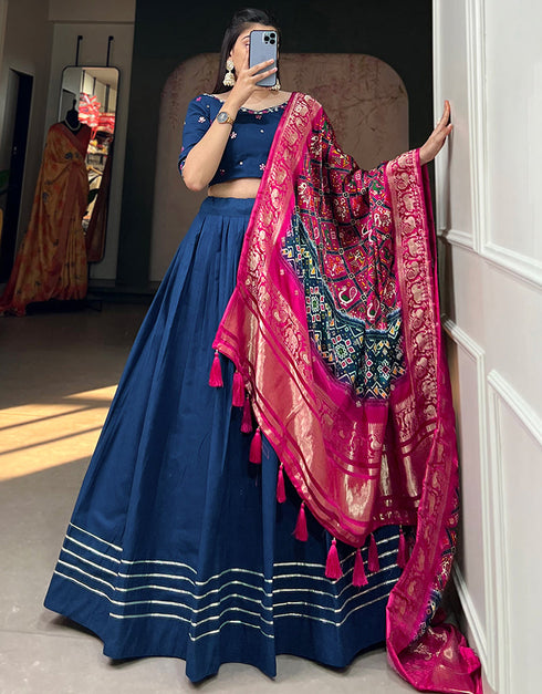stylish navy blue pure cotton traditional wear women's heavy lehenga choli collection with navy blue pure cotton rt8902-184715 Close-up View