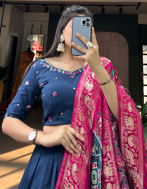 stylish navy blue pure cotton traditional wear women's heavy lehenga choli collection with navy blue pure cotton rt8902-184715 Front View
