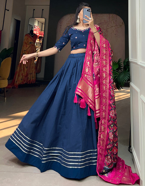 stylish navy blue pure cotton traditional wear women's heavy lehenga choli collection with navy blue pure cotton rt8902-184715 Front View