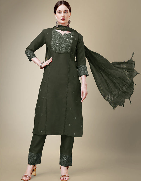 fashionable dark green cotton blend trendy fashioner cotton blend readymade suit collection with dark green cotton blend rt8909-184756 Front View