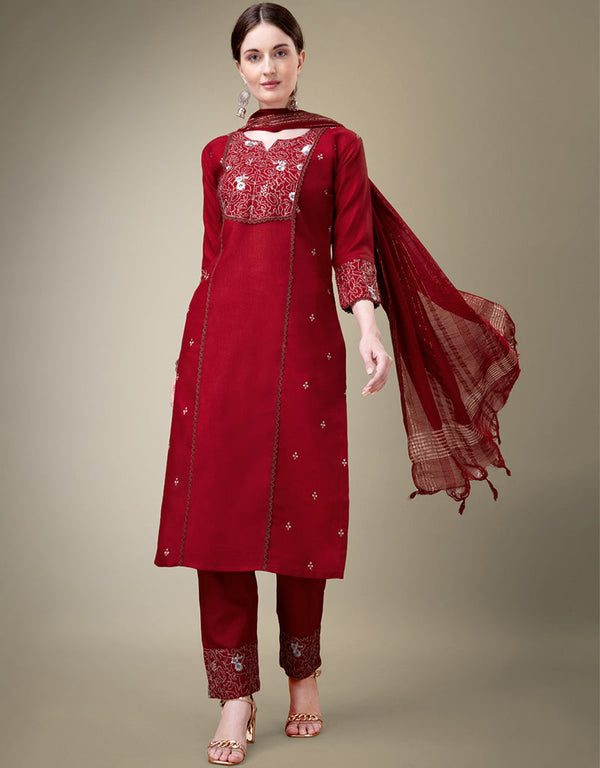 sleek maroon cotton blend trendy fashioner cotton blend readymade suit collection with maroon cotton blend rt8909-184757 Front View