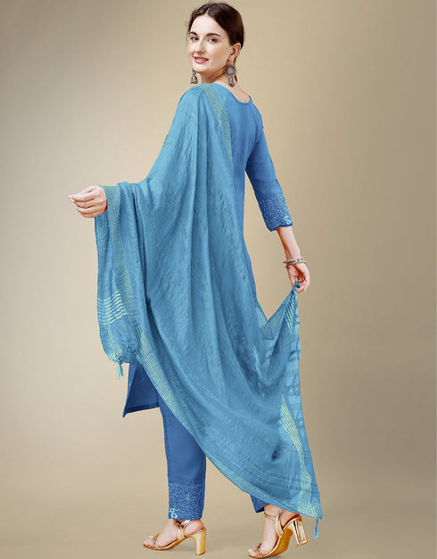 classy sky blue cotton blend trendy fashioner cotton blend readymade suit collection with sky blue cotton blend rt8909-184762 Back View