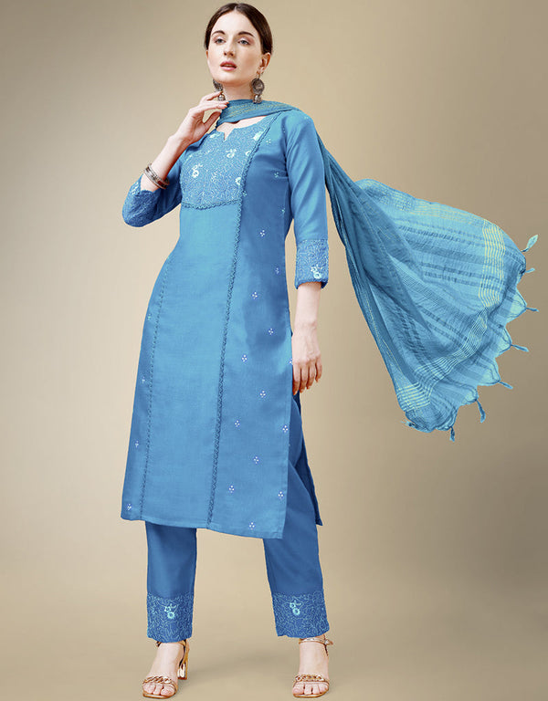 classy sky blue cotton blend trendy fashioner cotton blend readymade suit collection with sky blue cotton blend rt8909-184762 Front View
