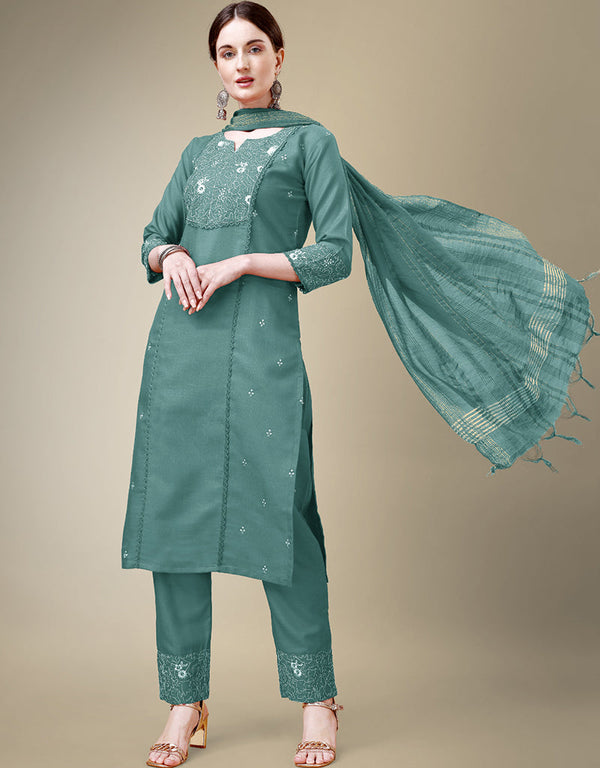 stylish teal cotton blend trendy fashioner cotton blend readymade suit collection with teal cotton blend rt8909-184763 Front View