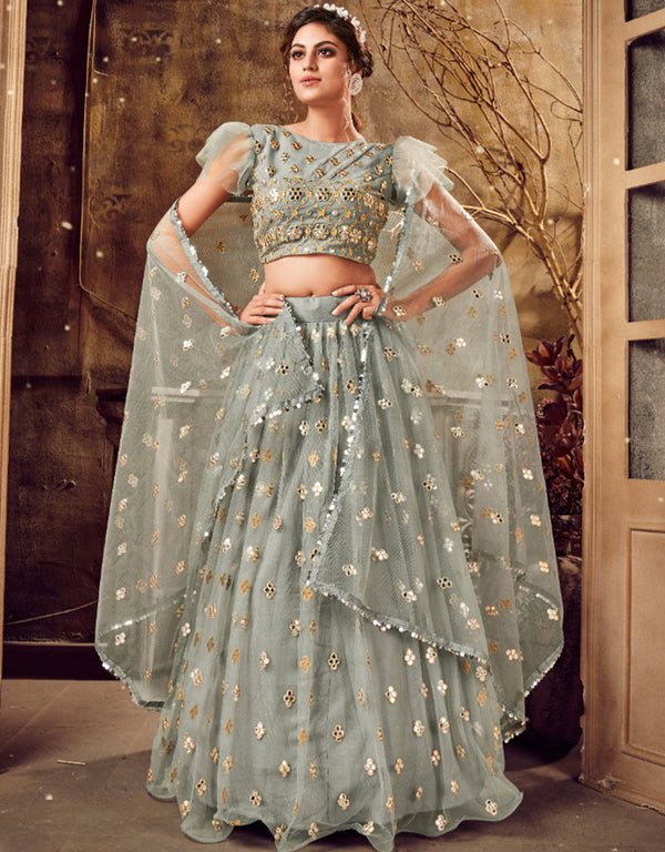 classy grey soft net traditional wear women's heavy lehenga choli collection with grey soft net rt8910-184768 Front View