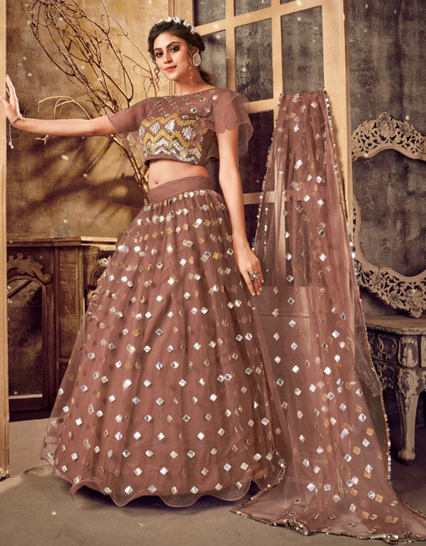 stylish brown soft net traditional wear women's heavy lehenga choli collection with brown soft net rt8910-184769 Front View