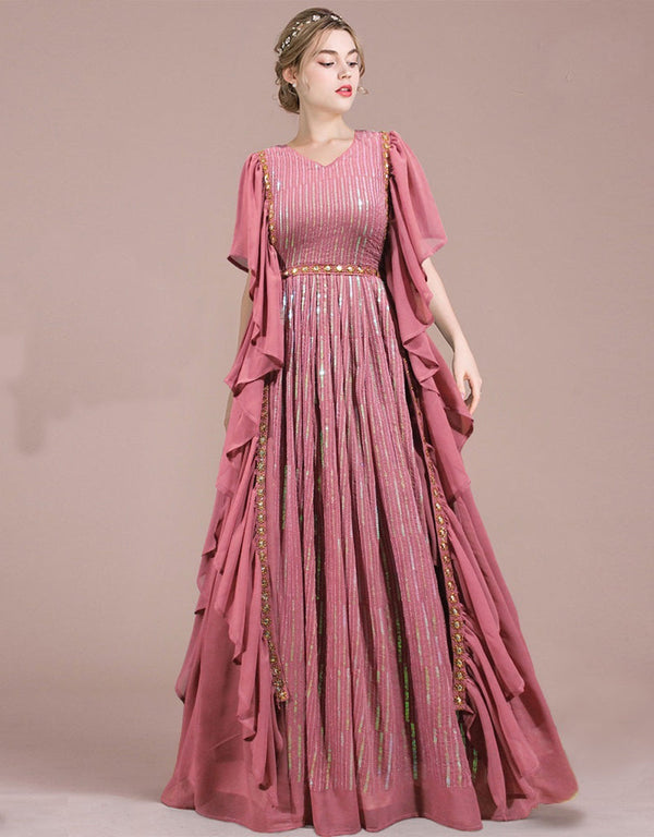 mauve georgette designer party wear readymade heavy gown sequence work details for gown rt8913-184777 Front View