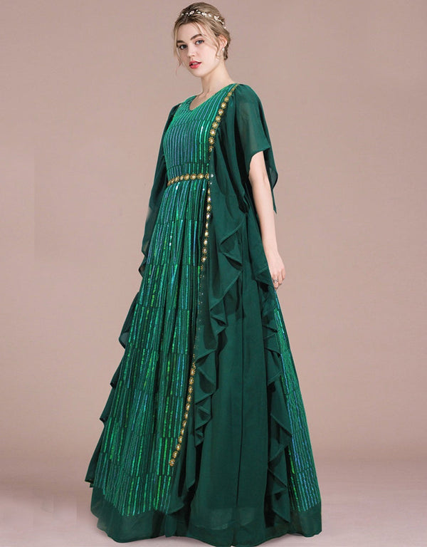 green georgette designer party wear readymade heavy gown sequence work details for gown rt8913-184778 Front View