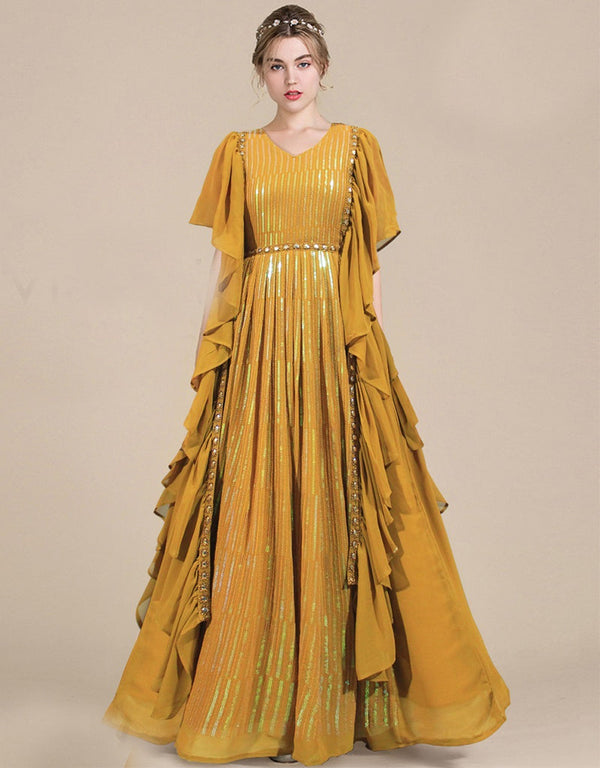 mustrd georgette designer party wear readymade heavy gown sequence work details for gown rt8913-184779 Front View