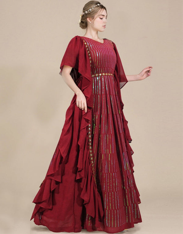maroon georgette designer party wear readymade heavy gown sequence work details for gown rt8913-184780 Front View