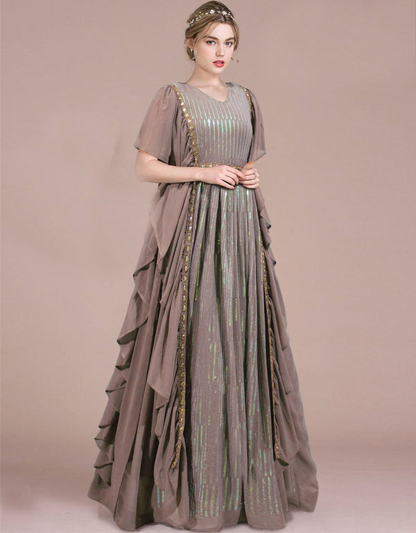 dark beige georgette designer party wear readymade heavy gown sequence work details for gown rt8913-184781 Front View