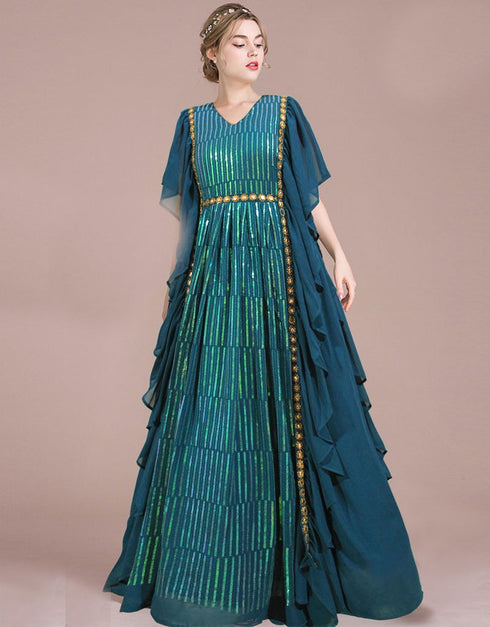 teal georgette designer party wear readymade heavy gown sequence work details for gown rt8913-184782 Front View