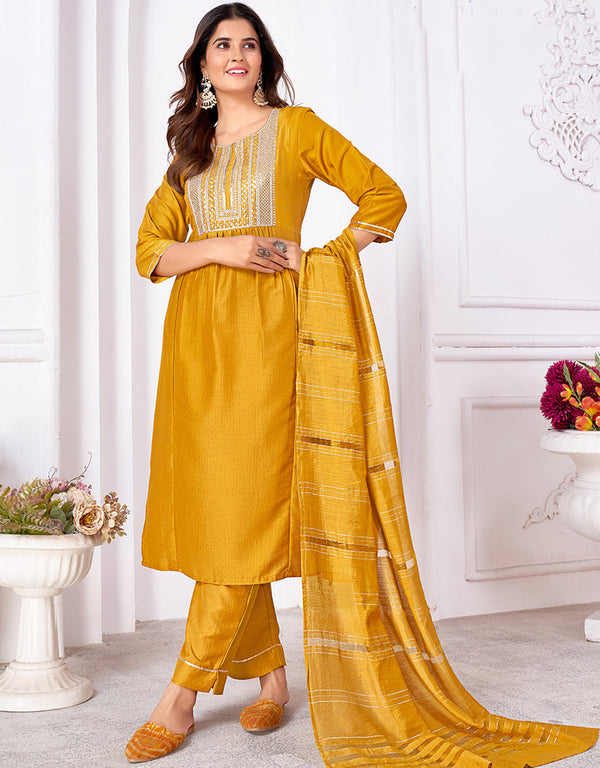 trendy mustard vertical silk designer function wear silk readymade suit collection with mustard vertical silk rt8920-184838 Front View