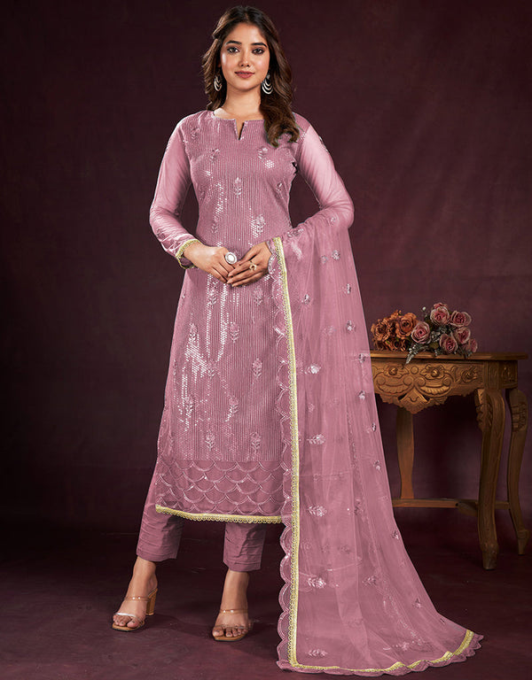 trendy mauve butterfly net designer function wear heavy salwar suit collection with mauve american crepe rt8921-184844 Front View