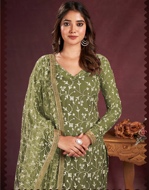 sleek mehendi green butterfly net designer function wear heavy salwar suit collection with mehendi green american crepe rt8921-184847 Close-up View