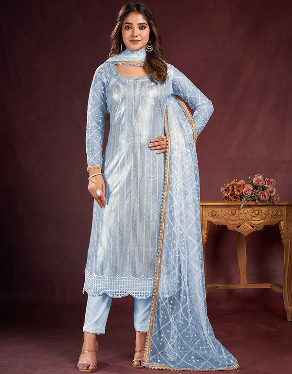 chic sky blue butterfly net designer function wear heavy salwar suit collection with sky blue american crepe rt8921-184854 Front View