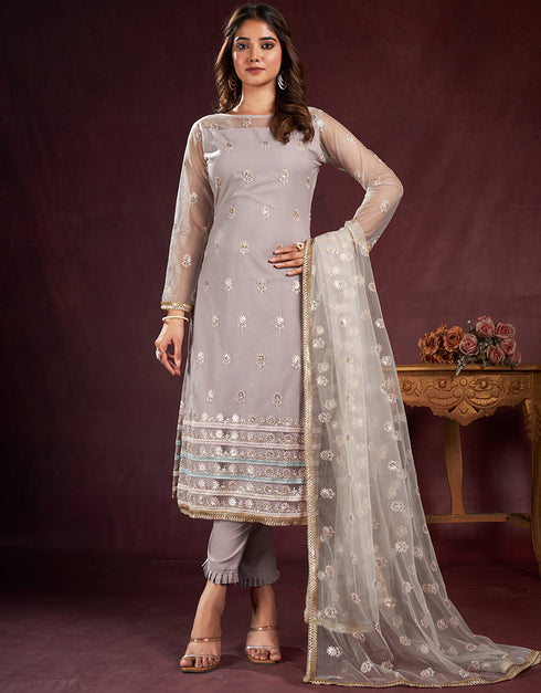 trendy grey butterfly net designer function wear heavy salwar suit collection with grey american crepe rt8921-184855 Front View