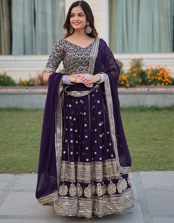 modern wine faux blooming georgette traditional wear women's heavy lehenga choli collection with wine faux blooming georgette rt8922-184857 Front View